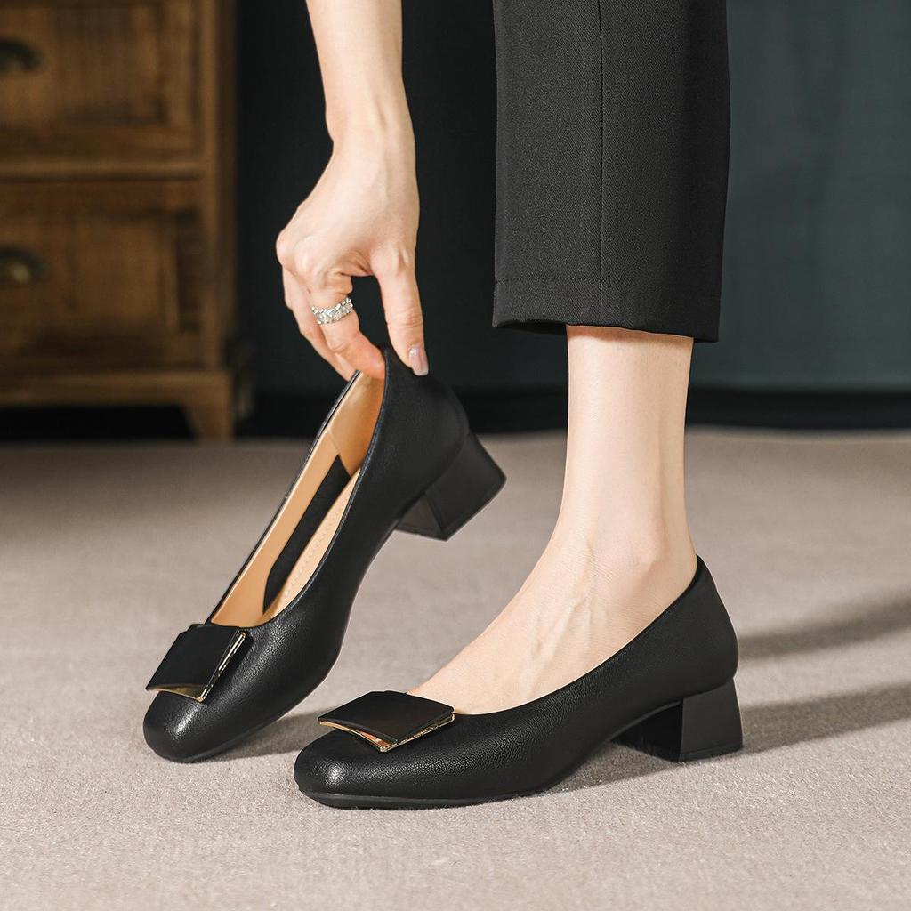 2026 Spring/Summer Women's Square Toe Soft Leather Chunky Heel Pumps - Professional Work Shoes with Soft Sole
