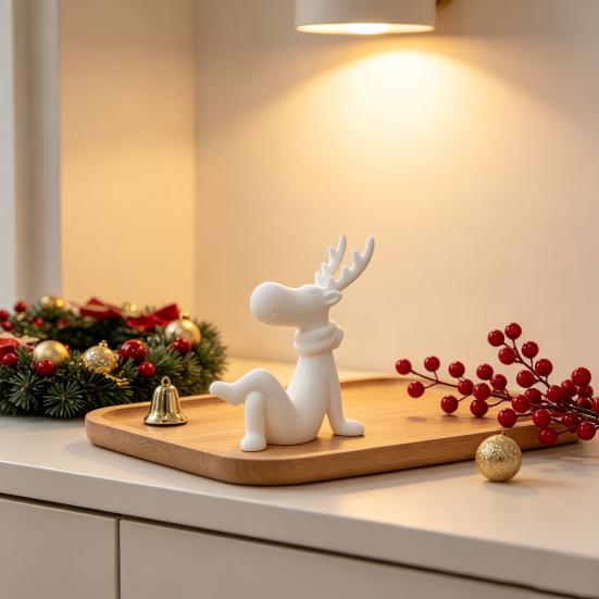 Deer Figurines for Christmas Decor 3D Printed Reindeer Figurine, Cute Sitting Statue with Scarf, Holiday Party Table Centerpieces Tabletop Home,