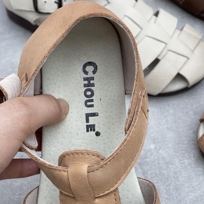Johnature Genuine Leather Roman Sandals Retro Casual Solid Color Cowhide Soft Sole Flat Women's Shoes