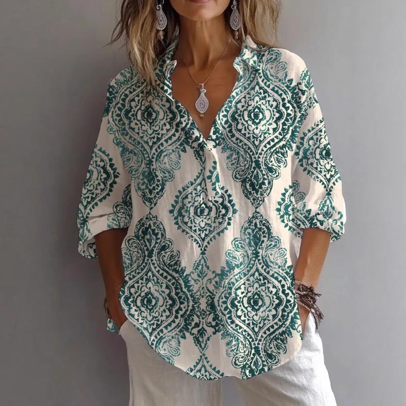 2025 New Women's Casual Long Sleeve Door Tube Stand Collar Regular Digital Printed Shirt