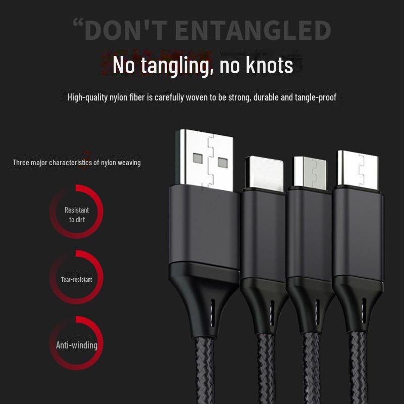 1.2m Aluminum Alloy Braided Multi-Device Cable: Compatible with Apple, Type-C; Three-in-One Charging Gift.