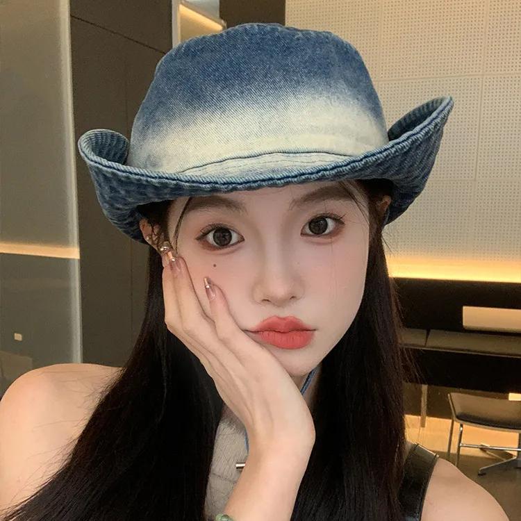 Cowboy Gradient Wtempo Tiedye Distressed Hats Womenspring Summer Denim Bucket Hats Casual Thick Patchwork Climbing Cap