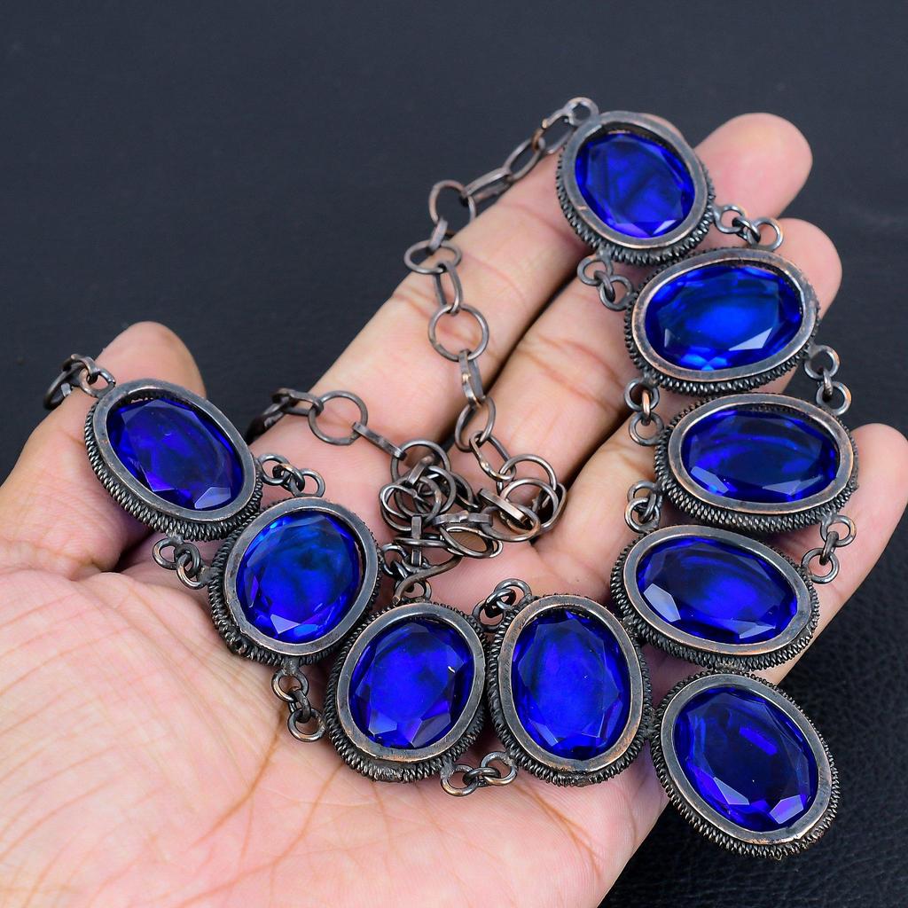 London Blue Topaz 999 Copper Wire Wrapped Necklace with Adjustable Chain, Handmade Gemstone Jewelry Necklace For Memorial Day