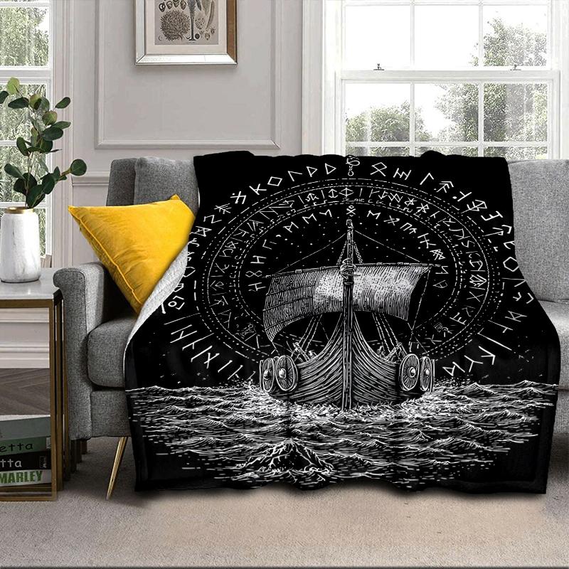 Viking Ship At Sea Blanket Flannel Blanket for Bed, Sofa, Camping, Hiking, Picnic Essentials, Gift for Family Fan Gifts
