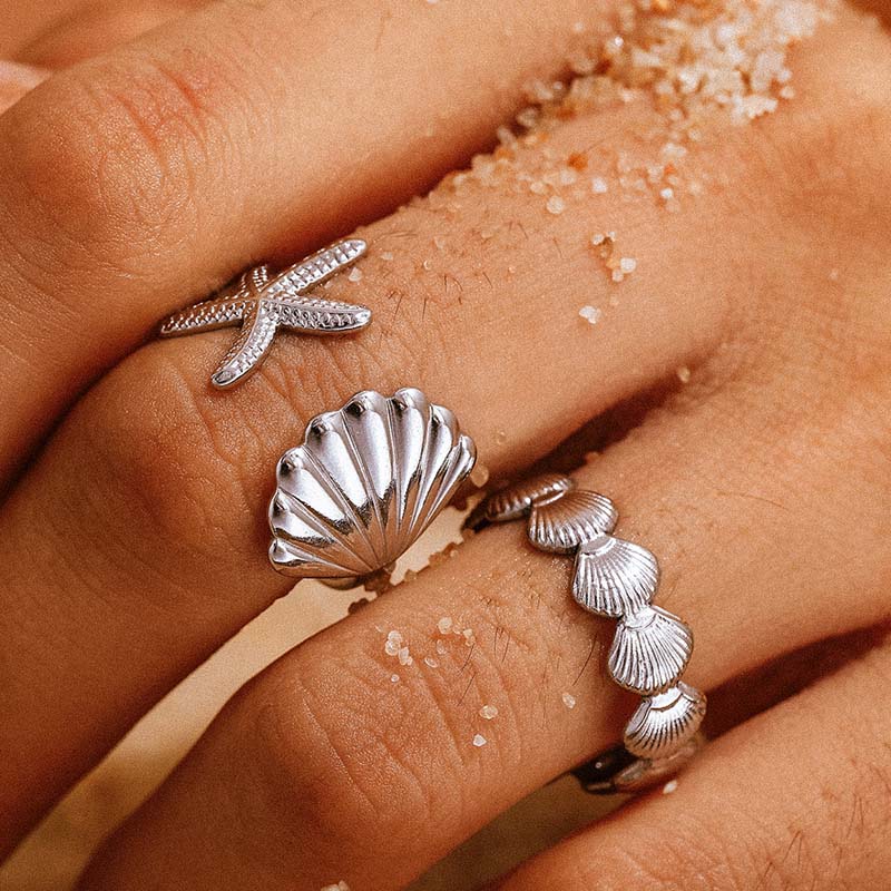 Stainless Steel Sea Star Shell Open Rings For Women Men Vintage Gold Color Adjustable Finger Ring Jewelry Beach Party Gifts