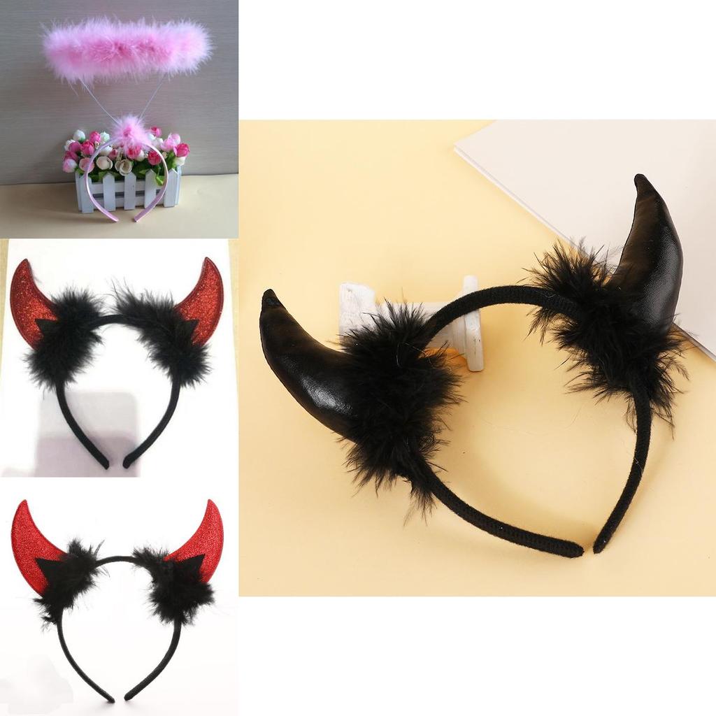 Halloweenská Vánoční Párty Čelenka s Bílým Peřím Andělskými a Ďábelskými Rohy pro Kostým a Festivalovou Dekoraci