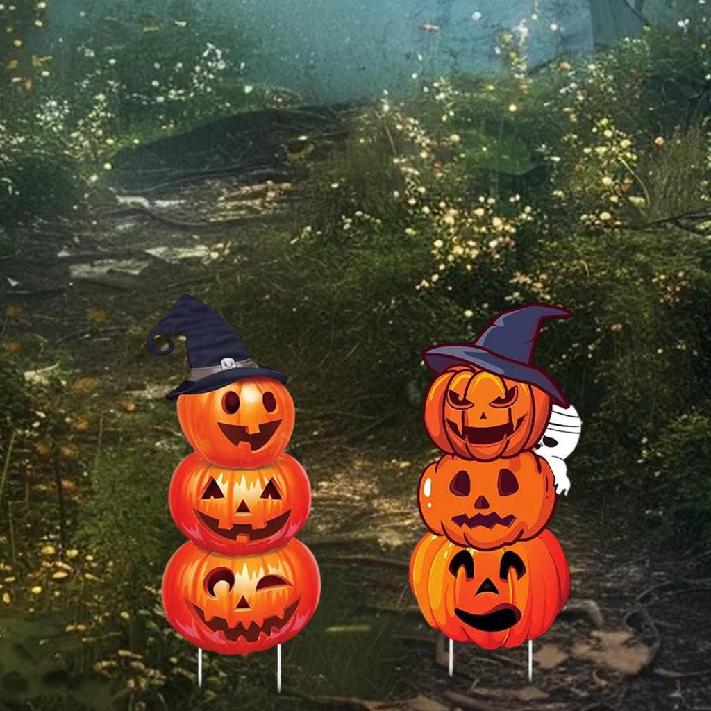 Halloween Pumpkin Stack Yard Signs with Spooky Witch Hats for Outdoor Party Decor - Set of 2 Pieces