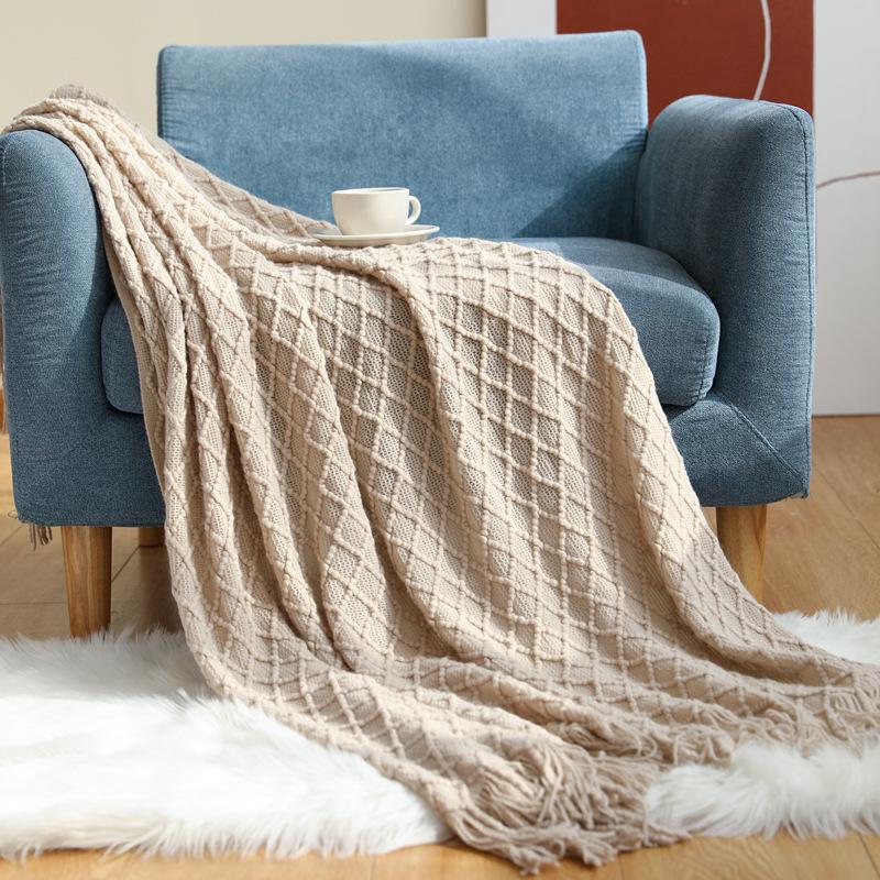 Nordic Morandi color knitted blanket with grain pattern, new spring-summer knitted sofa cover, decorative blanket, bed runner in haze blue