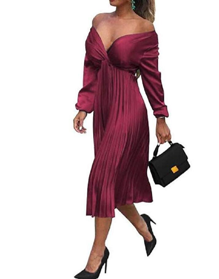 Herbst Damen Langarm V-Ausschnitt Plissiert Einfarbig Modekleid