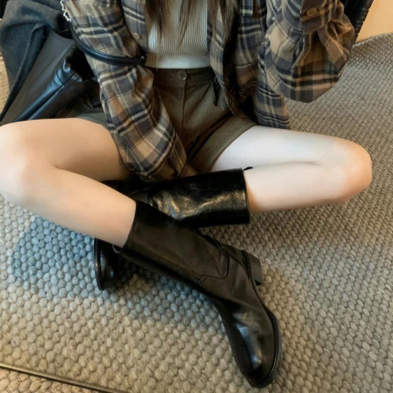 Retro black boots autumn thin new wide mouth medium tube cigarette boots with skirt knight short boots