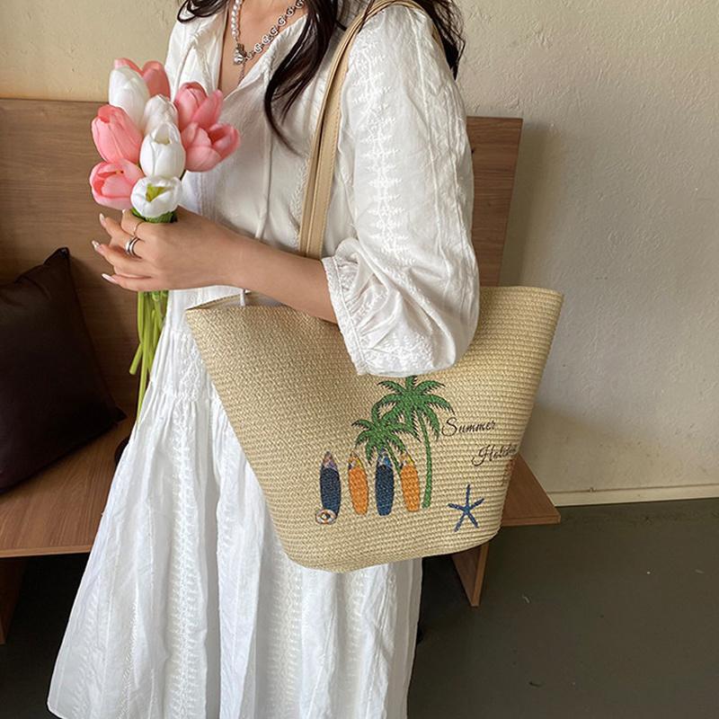 Casual Beach Ladies Large Capacity Shoulder Straw Woven Bag Surfboard Handbag Vacation Beach Grass Tote Bag CLE