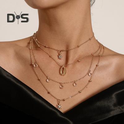 Bohemia Layered Choker Necklace Hexagram Shell Necklace Crystal Choker Rhinestone Charm Pendant Necklace Multi-layered Retro Chain for Women Girls