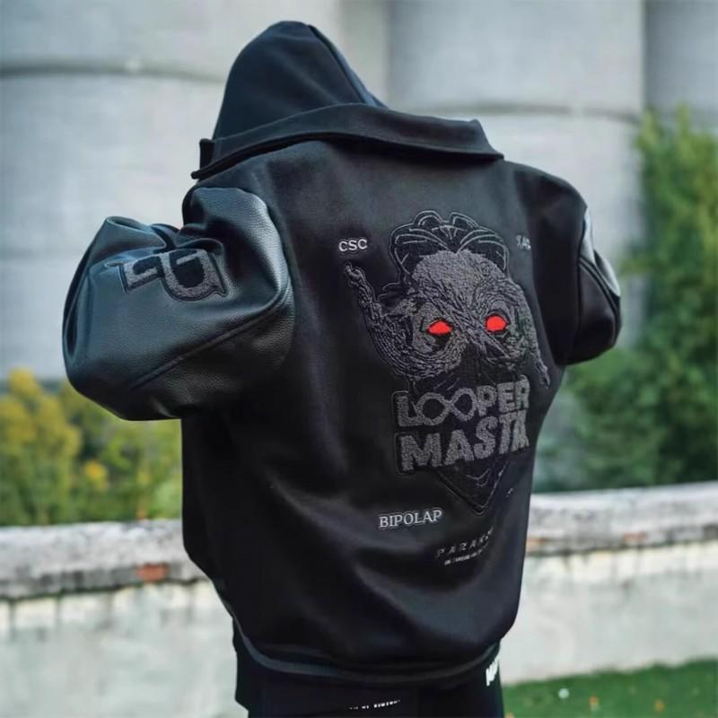 Mens Vintage Baseball Jacket Oversized Casual Hoodless Bomber With Animal Embroidery Wear