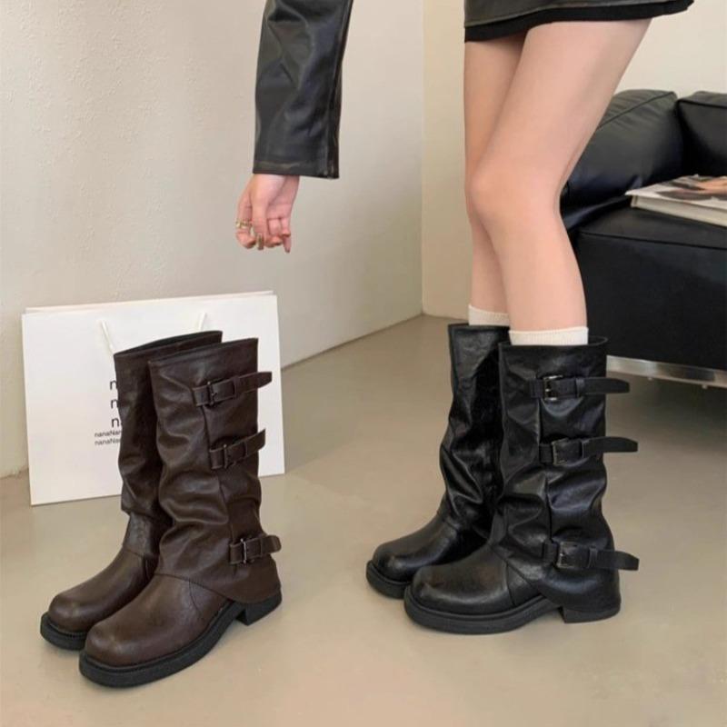 Mode Neuer Stil Damenstiefel Kniehoch Plateau Klobige Absätze Trend Punk Gothic Rock Leder Mode Damenschuhe Motorradschuhe