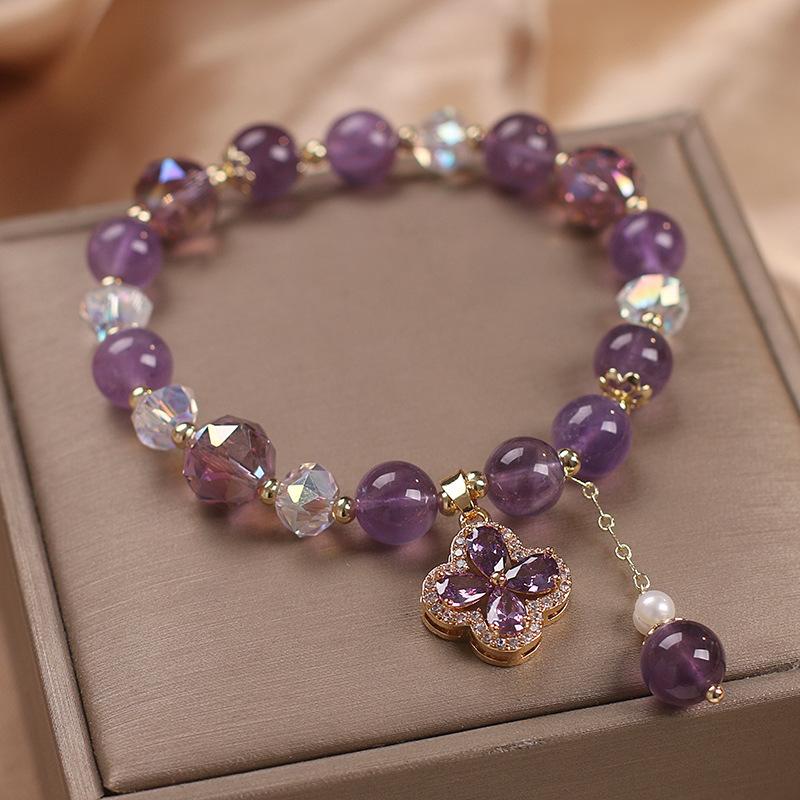 Fashion Purple Crystals Beaded Bracelets for Women Round Beads Purple Four-leaf Clover Drop Bracelet Lucky Stretch Hand Chain Jewelry for Wedding