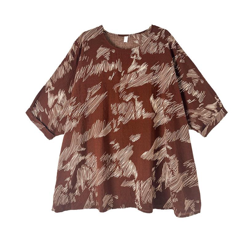 Summer New Artistic Plus Size Loose Print Round Neck Three Quarter Sleeve T-shirt