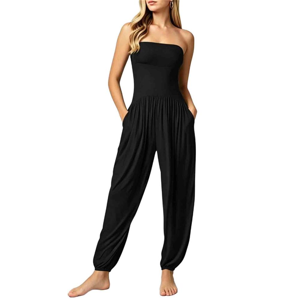 Damen Ärmellos Trägerlos Jumpsuit Elastische Taille Tasche Lässig Lockerer Schnitt Strampler Vollbeinige Hose