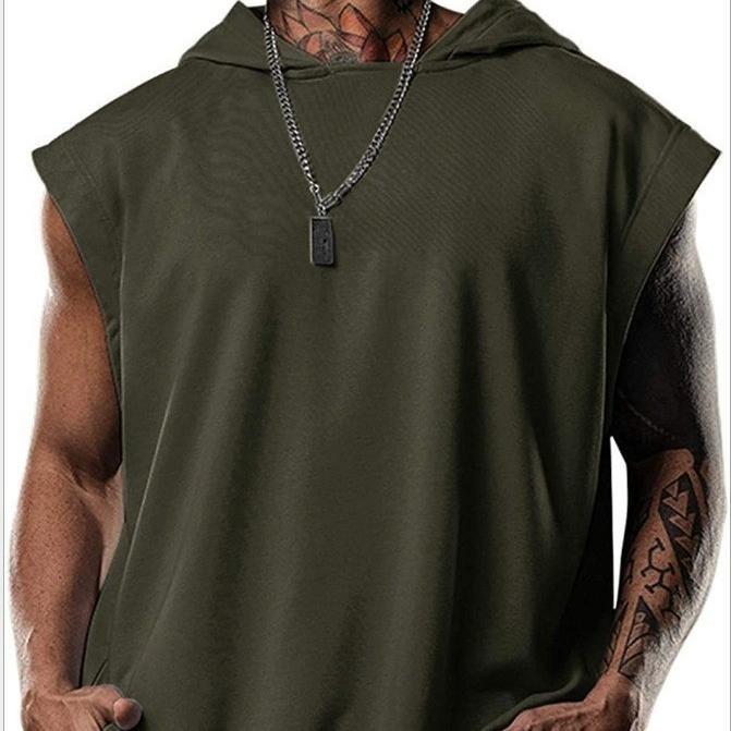 Summer Men's Vest Simple Training Sports Casual Sleeve Hooded Clip Europe and The United States Fashion Men's Solid Color Vest Daily Fitness