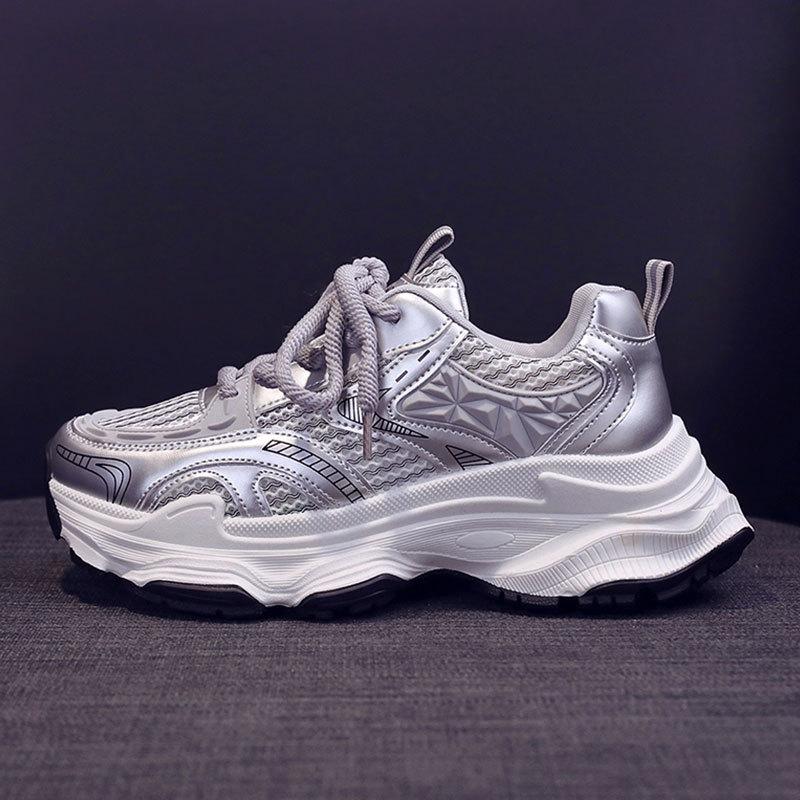 Fried Street Platform Dad Shoes Women's Height Increase Versatile Casual Shoes New Spring and Autumn Breathable Silver Sneakers