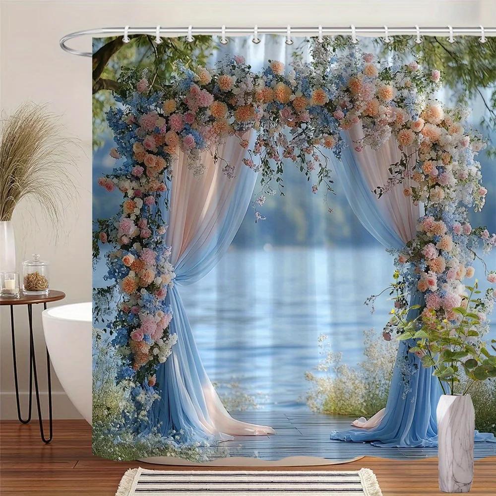 

Romantic Wedding Arch & Lake Shower Curtain, Pastel Roses,Soft Pink & Blue Drapes,Polyester,Perfect For Bathroom & Wedding Decor W60H190(CM)-1 Pcs