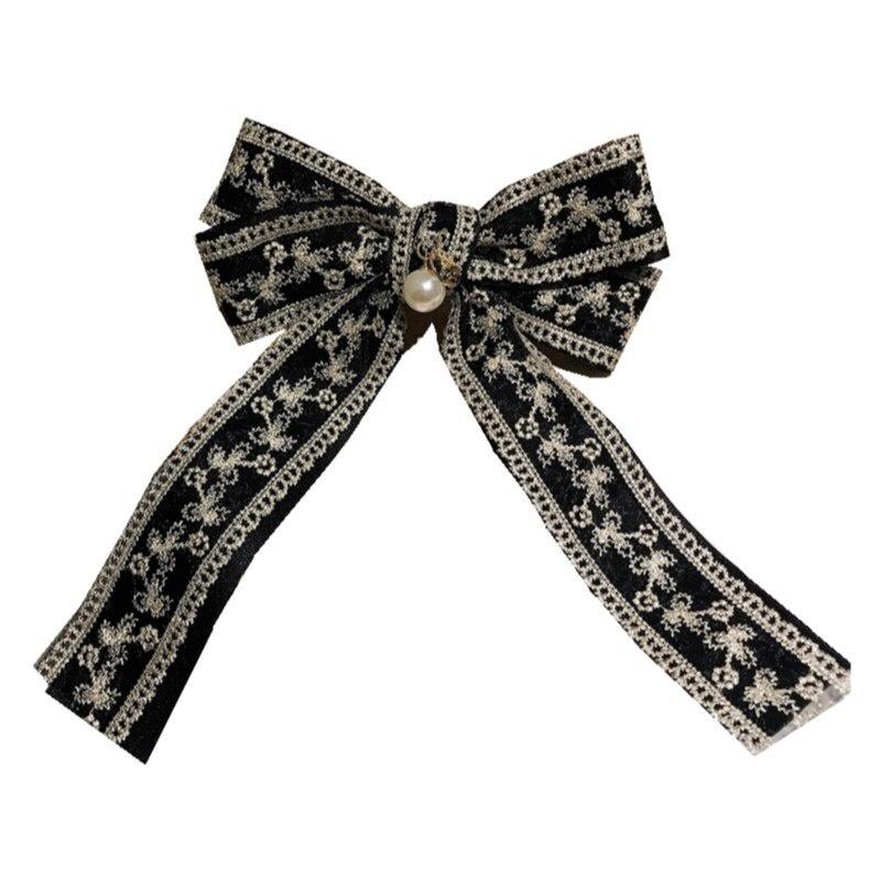 2 In 1 Women Vintage Big Bow Brooch Hairpin Lace Embroidery Necktie