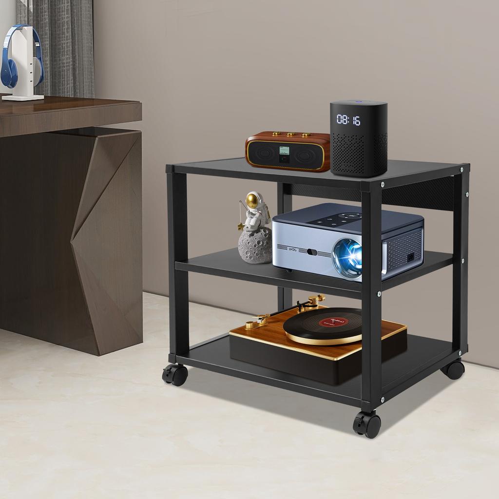 3-Tier Galvanized Steel AV Media Stand with 4 Wheels,Black Rectangular AV Media Stand 50*40*48.5cm for Study Rooms,Kitchens