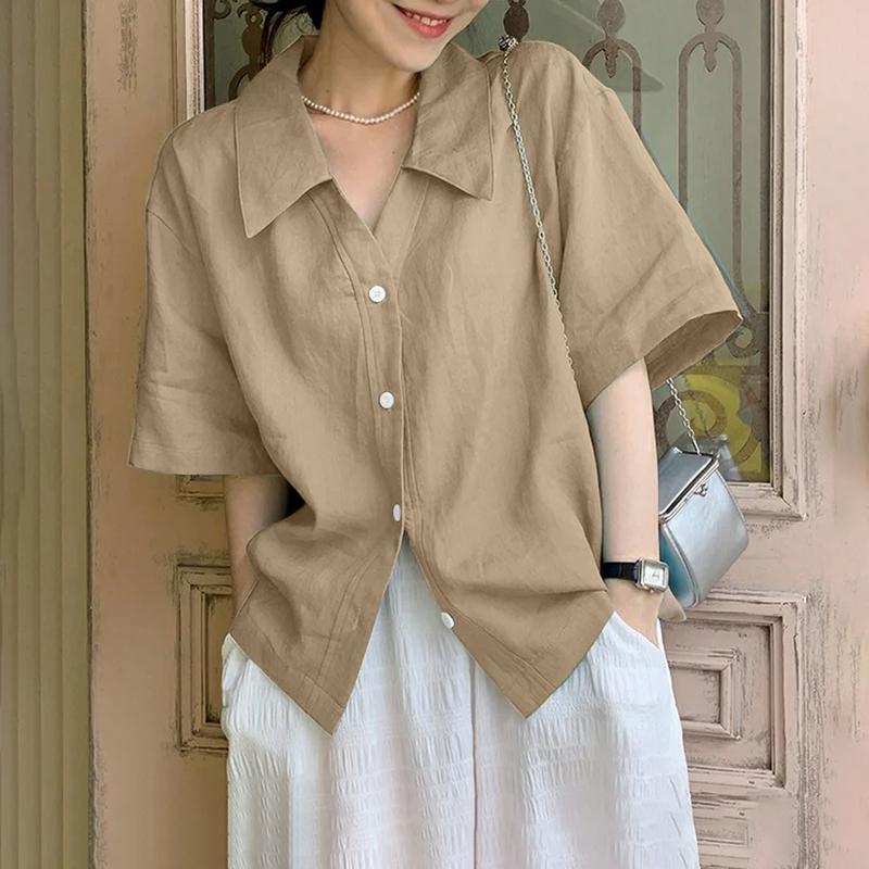 ZANZEA Women Casual Turn Down Collar Solid Color Loose Short Sleeve Blouse S хаки