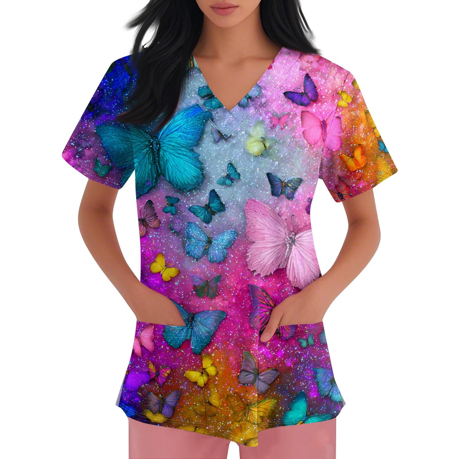 

Women s V-neck Printed Short-sleeved Work Clothes With Side-slit Pockets And Uniforms XXL розовый