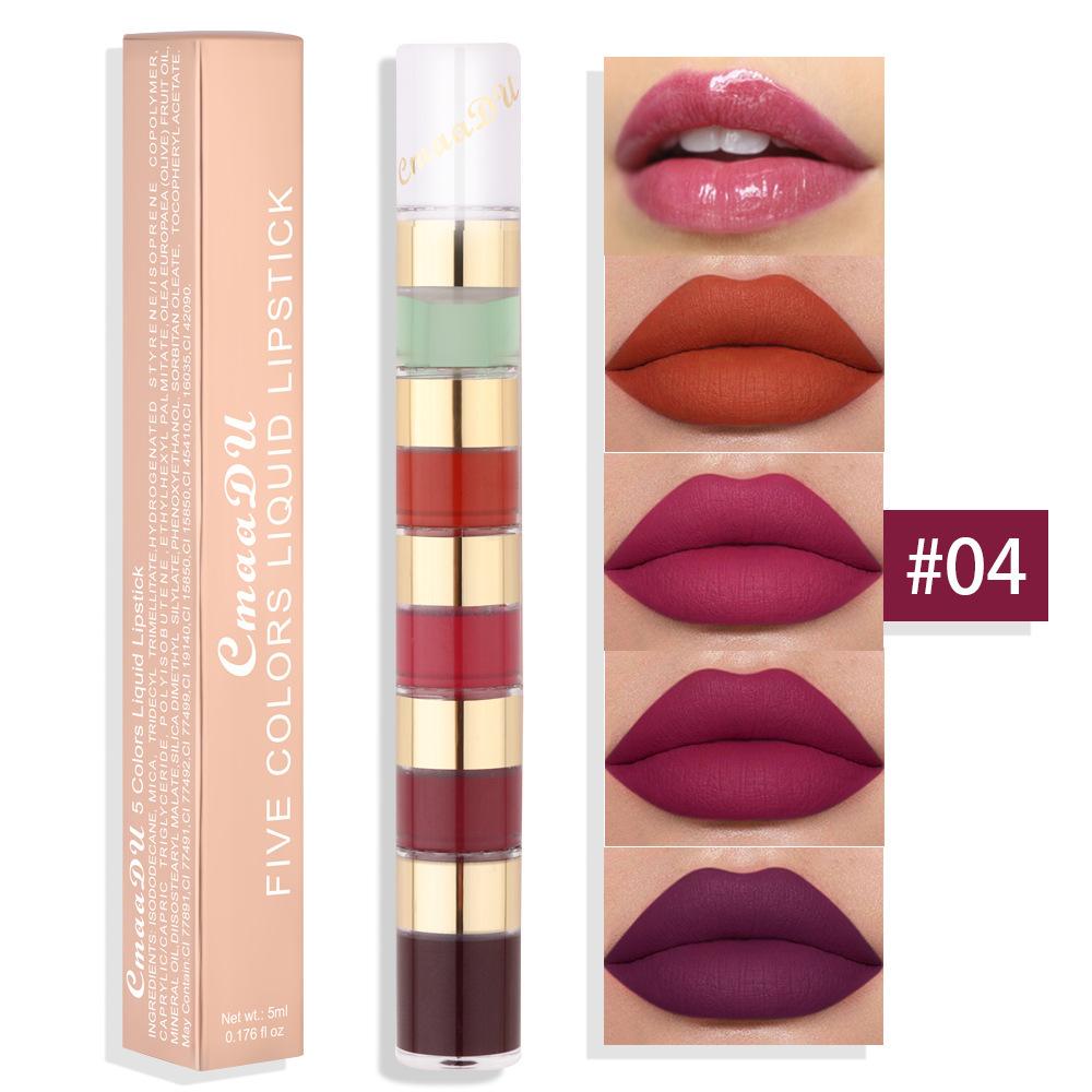 5 i 1 Matte Lipstick Kit Combo Strip Velvet Sexy Red Lip Tint Non-stick Cup Lip Gloss Lip Oil Makeup Lips Kosmetisk sett