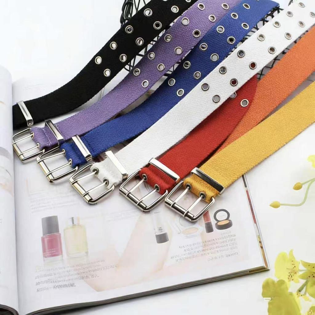 Trendy Double-Breasted Canvas & Rivet Belt - Casual Hollowed-Out Denim Belt with Leather Accents