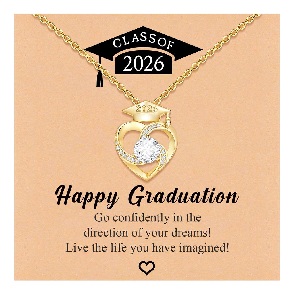 Luxury 14K Gold Plated Heart Graduation Cap Necklace for Women Zircon Pendant Class of 2026 Memorial Jewelry Gift for Daughter
