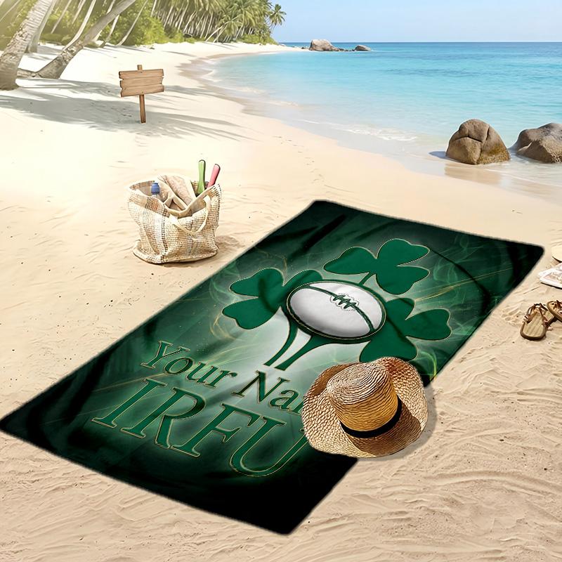 Ireland Rugby Custom Beach Towel, Print Your Name Text Lightweight Absorbent Towel for Swimming Travel