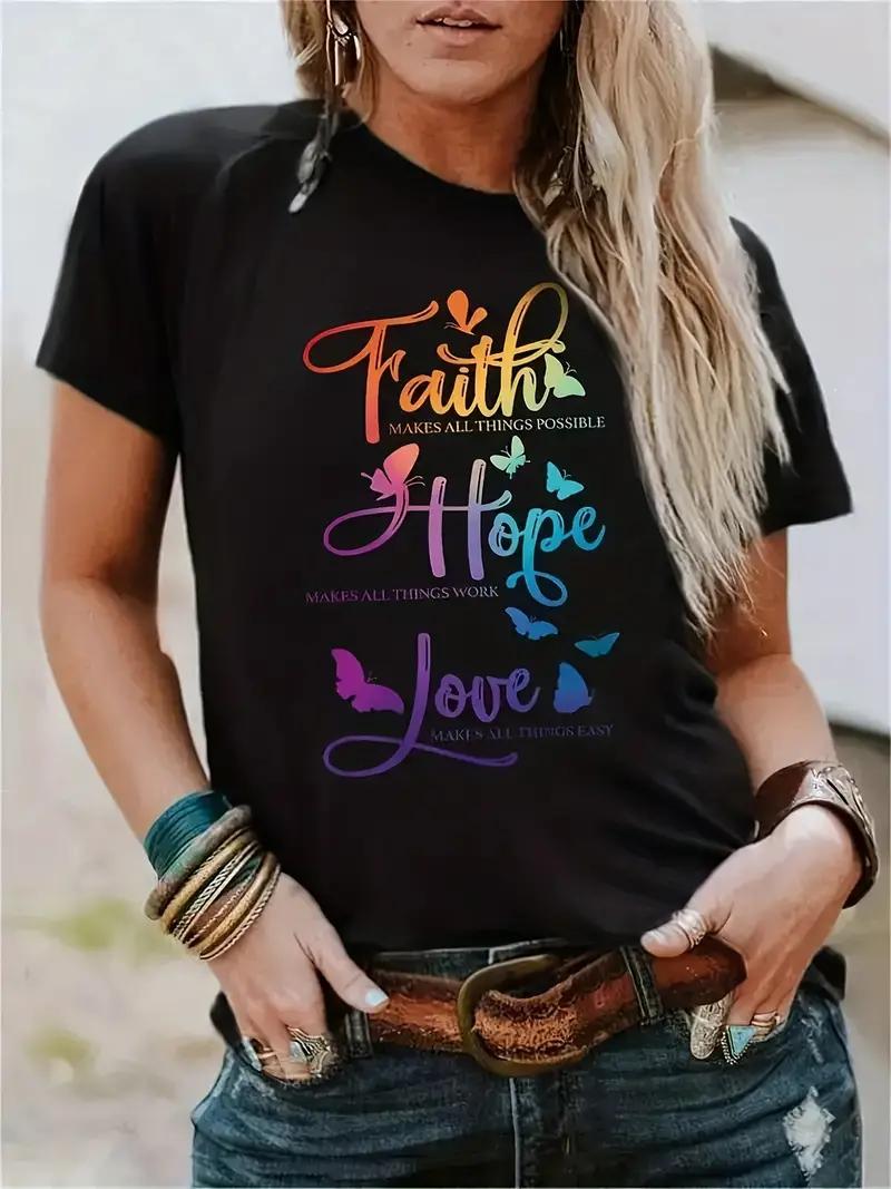 Plus Size Casual Tshirt Womens Plus Butterfly Slogan Print Short Sleeve Round Neck Slight Stretch Tshirt L