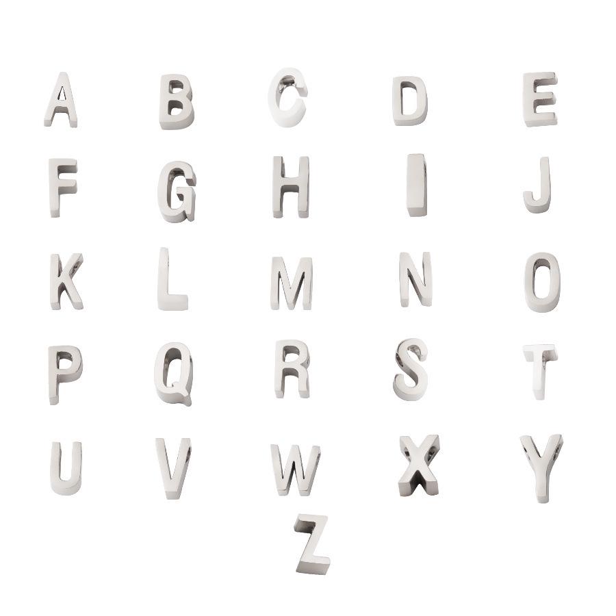 Titanium Steel Mirror Polished Letter Beads A-Z, 1.8mm Hole Pendant Steel color