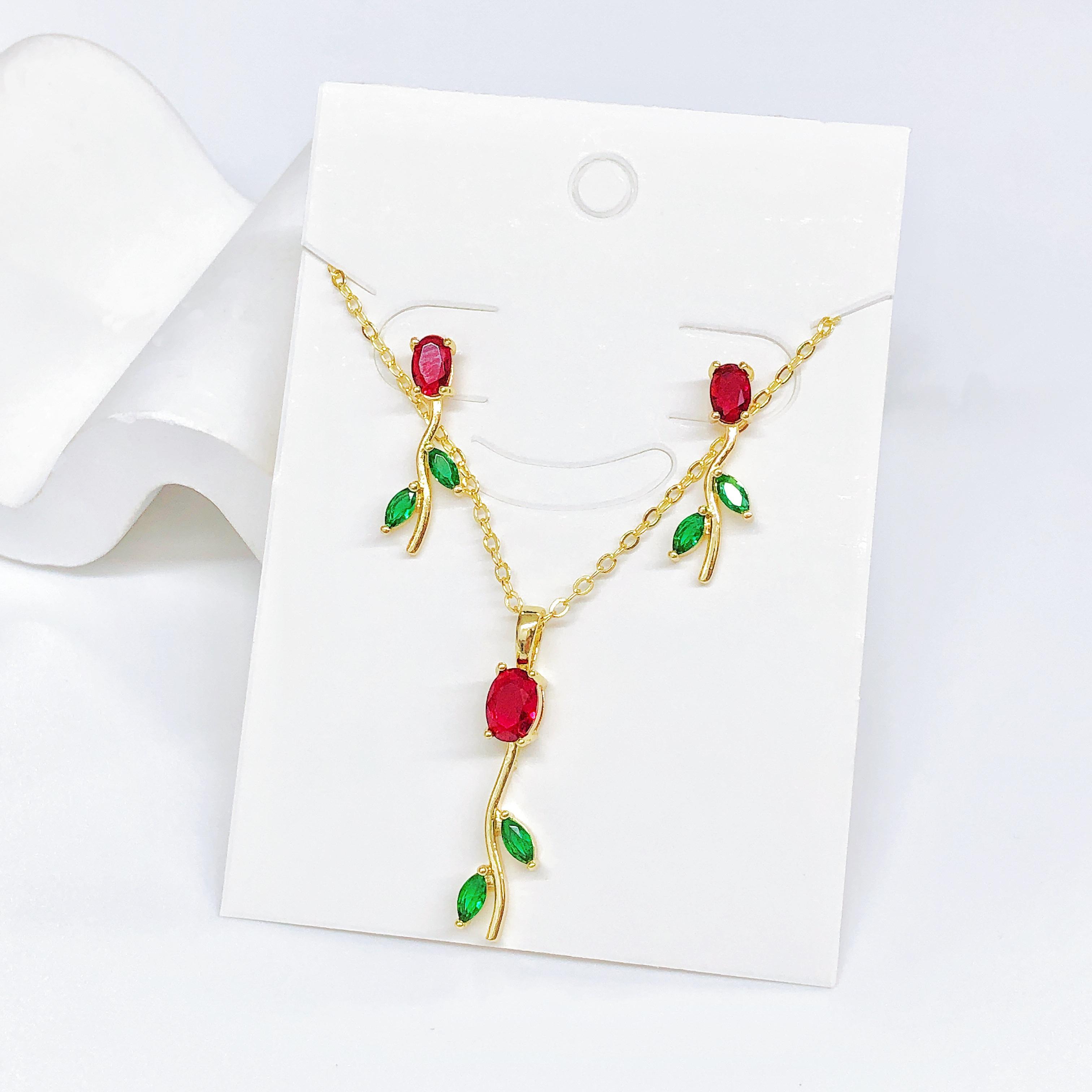 2PCS Sparkling Crystal Zircon Rose Flower Earrings Necklace Zircon Set Elegant for Women Girls New Trend Party Zircon Gift