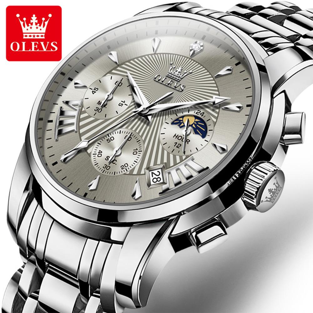 OLEVS Mens Watches Top Brand Luxury Moon Phase 24 Hour Chronograph Quartz Watch Stainless Steel Waterproof Sport Wristwatches