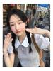 Women's Gray Peter Pan Collar Knit Top – Short-Sleeve, Summer, Fashionable Two-Piece Design
