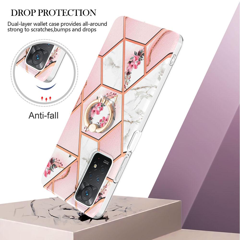 Ring Bracket Golden Border Grid Marble Flower IMD Ultrathin Phone Case for Xiaomi Redmi Note 11S,Note 12 Pro 4G,Xiaomi 11T,Redmi 10,Poco X3 NFC...