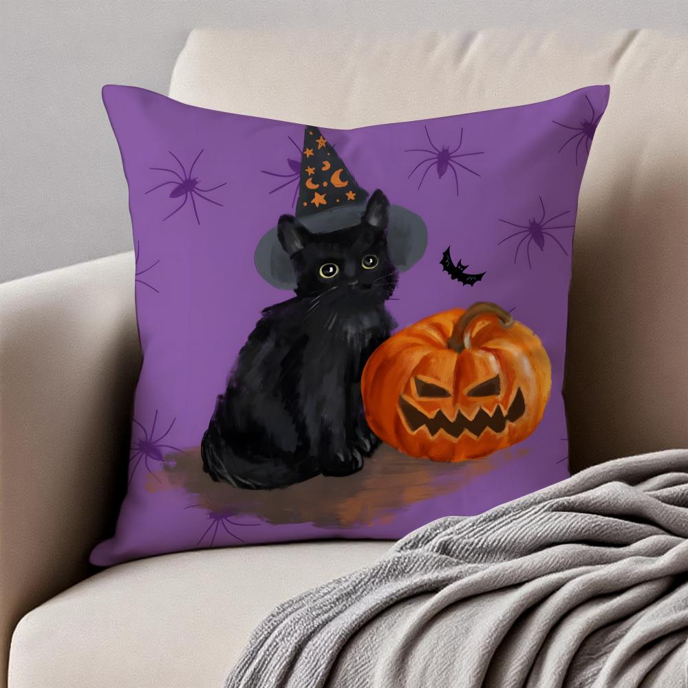 Halloween Cute Purple Cat Cushion Cover Pillowcase Antidustmite Invisible Zipper Short Plush Sofa Cushion 30X30cm