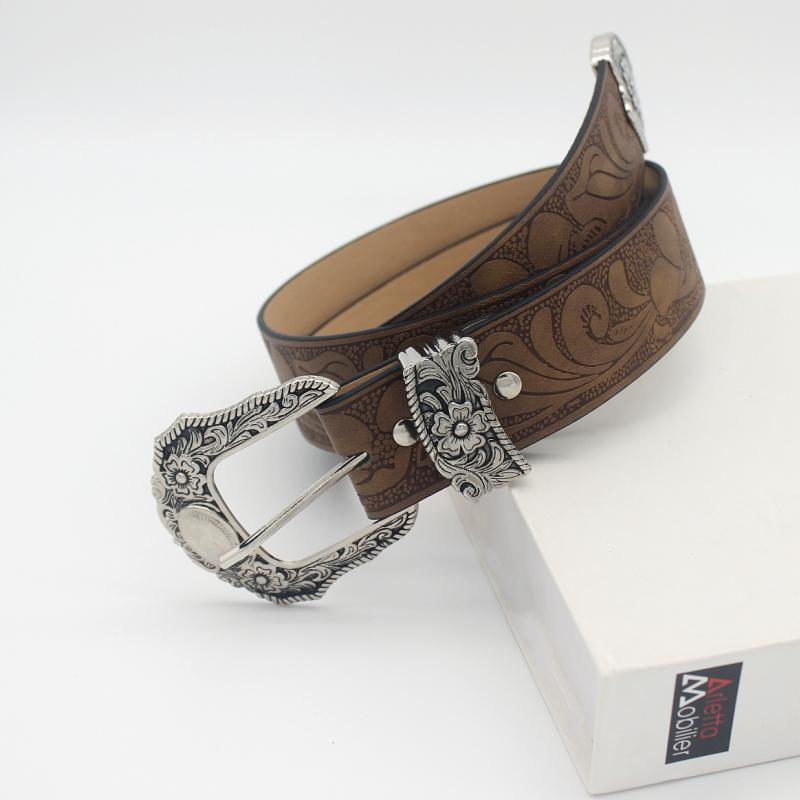 European and American Style Brown Texture Niche Pin Buckle Belt Women's Print Pattern Belt Unisex