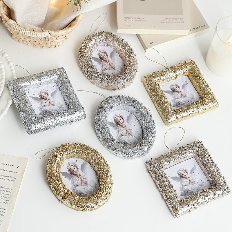 Foam Frame Angel Christmas Tree Pendant Golden Silver Square Circular Frame Hanging Christmas Decoration