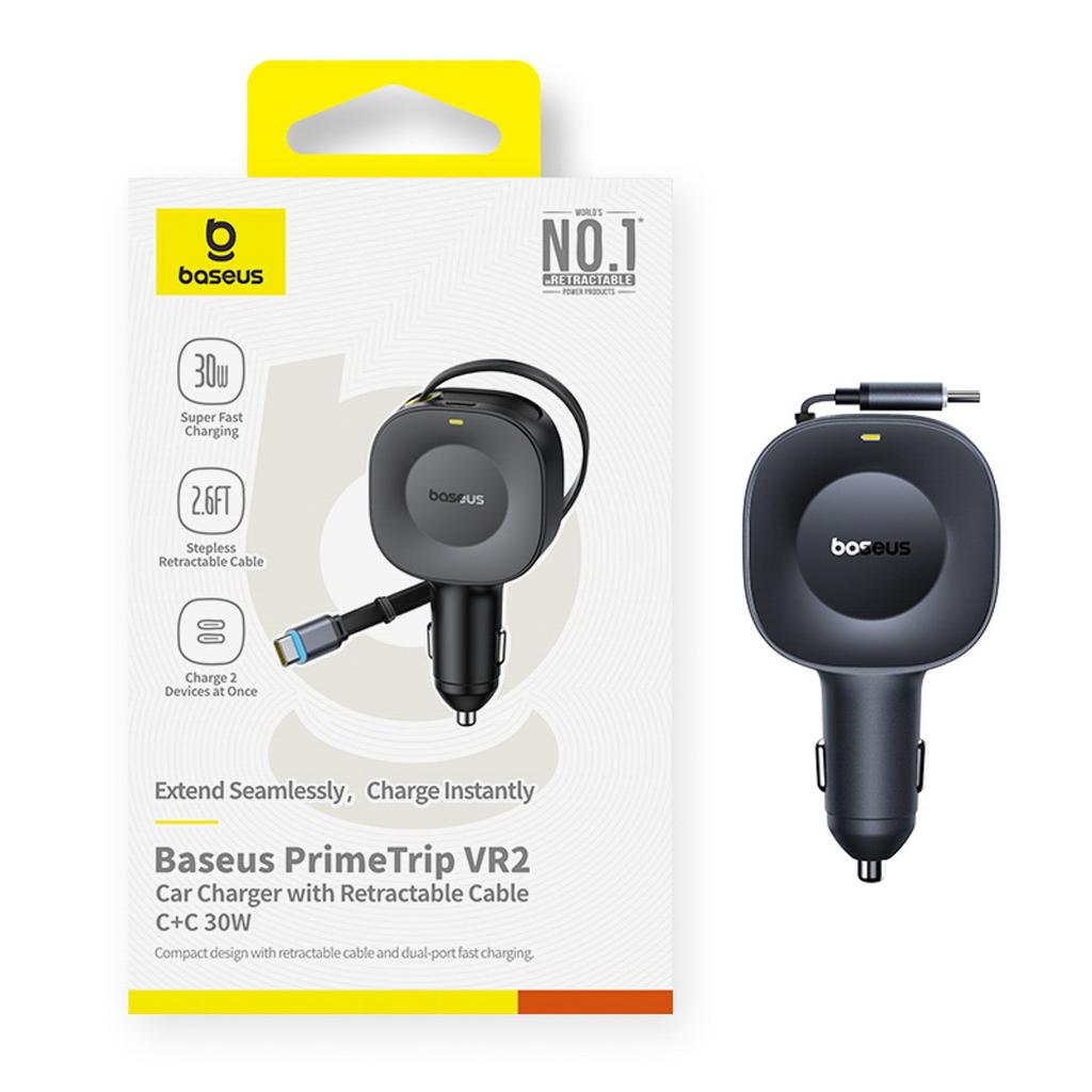 Ładowarka samochodowa USB-C ze zwijanym kablem USB-C 30W - czarna