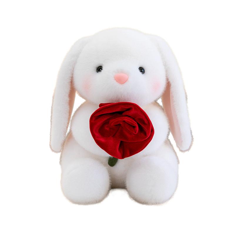 Graceful White Lop Ears Rabbit Plush Toy Holding Red Rose Say Love Cartoon Animal Plushie Sweet Girlfriend Gift