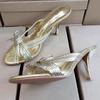 Fashion Sexy Gold Bow Decoration High Heel Slipper Women Elegant Pointed Toe Thin Heel Slide Sandal Fashion Banquet Designer Dress Shoes