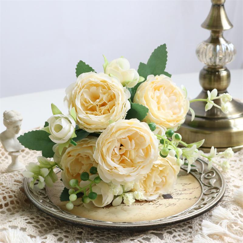 Simulate 5 Roses Korean Style Bouquet Persian Ocean Peony Home Vase Arrangement Decoration Wedding Bride Holding Flower Bouquet