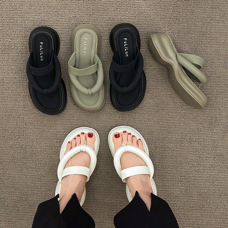 [Youshilai] Ruth's Same Thick-soled Herringbone Cool Slippers 2025 Summer New Pinch Bread Beach Sandals Women