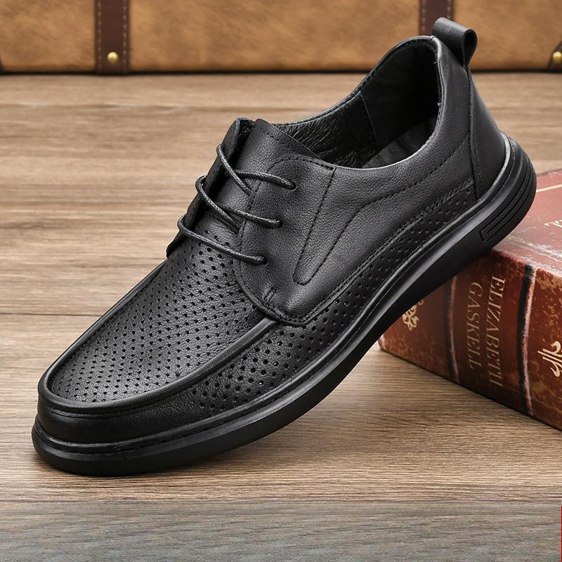Men's Shoes Summer Breathable Casual Leather Sandals Men's Top Layer Cowhide Hollow Hole Shoes Men's Business Leather Shoes Soft Sole