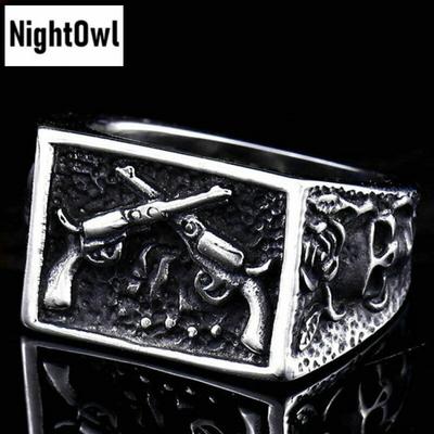 Fajny Męski Pierścień ze Stali Nierdzewnej Punk Biker Western Kowbojski Czaszka Pistolet Rozmiar 7-15