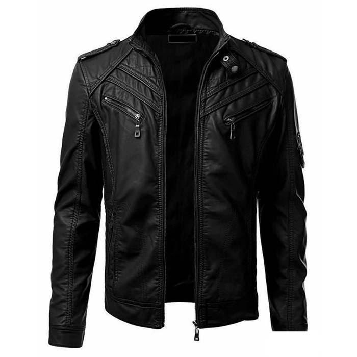 

2026 Autumn Plus Size Men s Color Block Leather Jacket with Stand Collar - Trendy European and American Style M