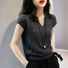 Women's White Hollow-Out Knit Polo Collar Short Sleeve Top